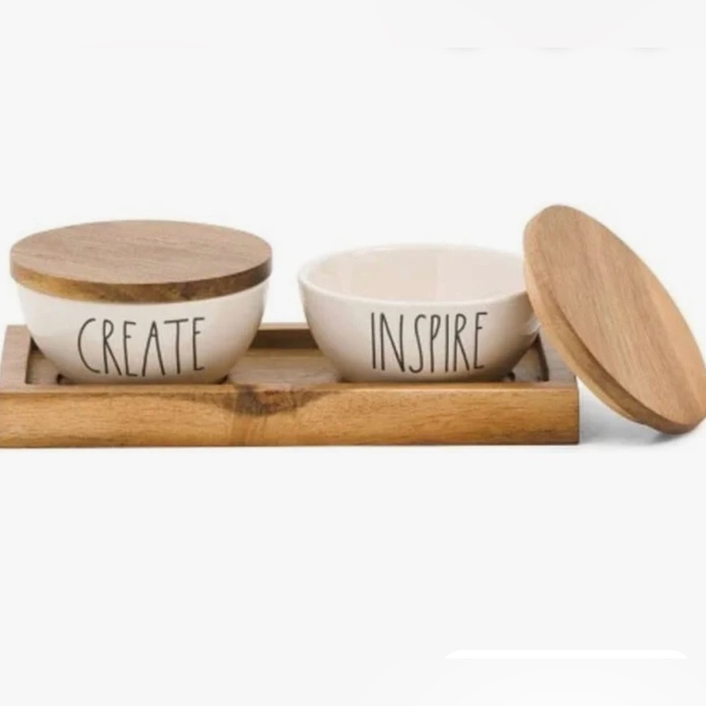 Rae Dunn Wooden Lid Ceramic Bowls Set
